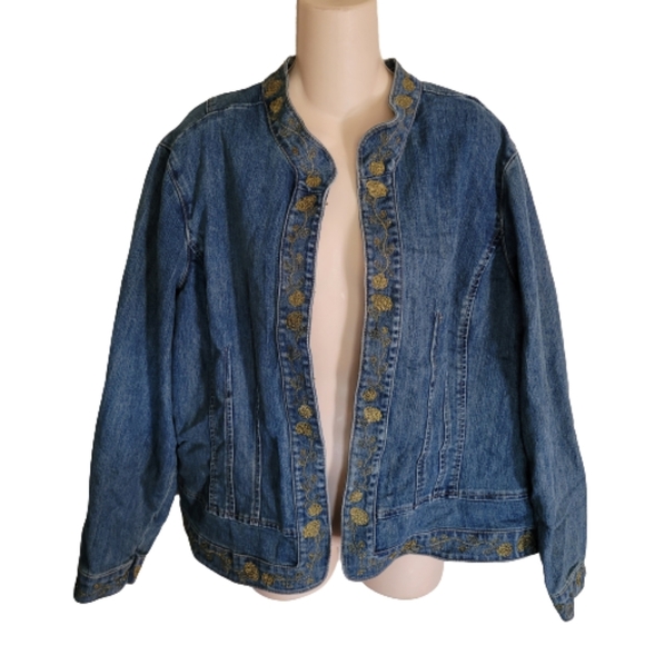 Blue Identity Gold Floral Metallic Open Front Blue Denim Jacket Size Women's 1X - Picture 3 of 11